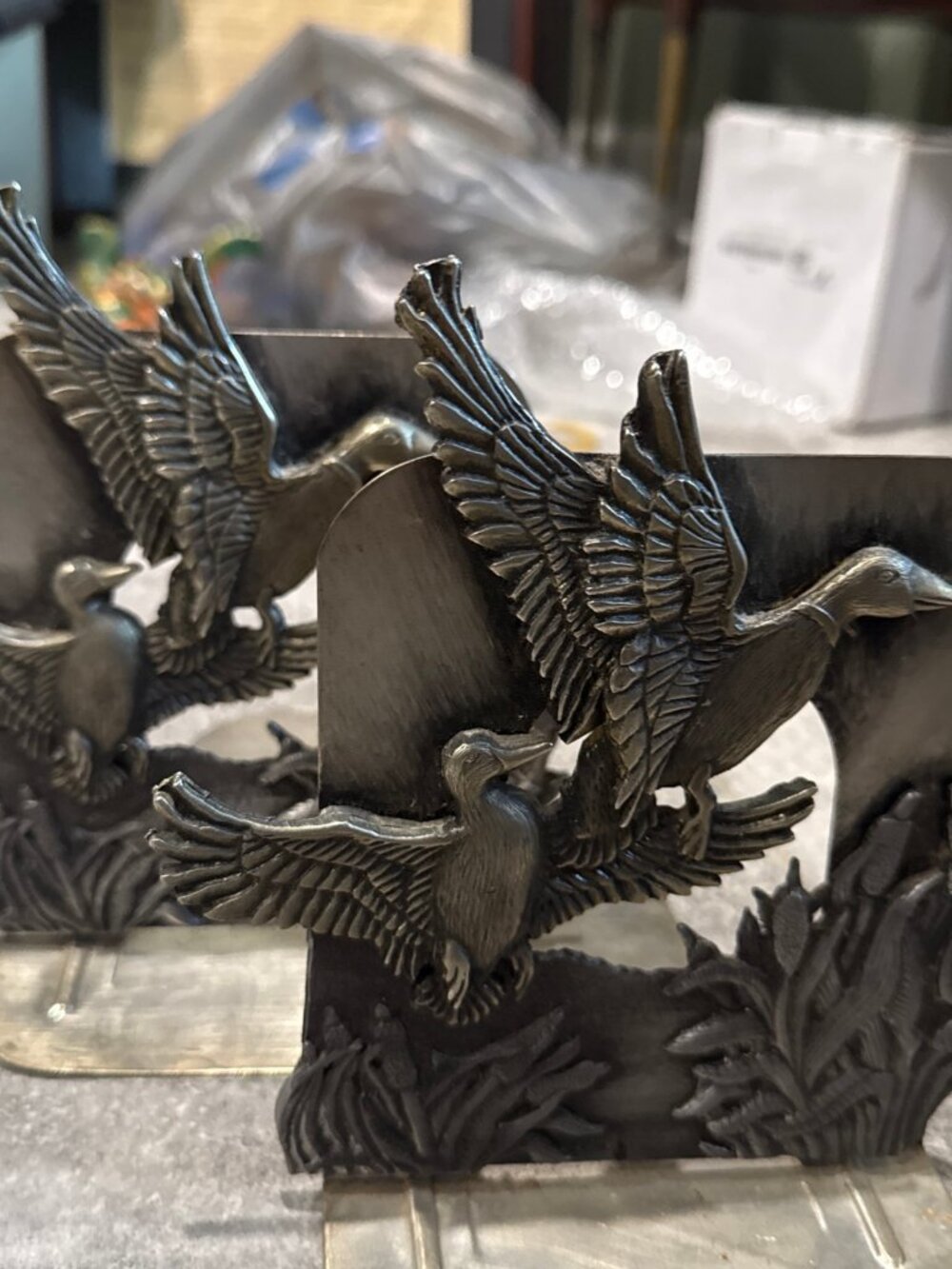 Vintage Metzke Pewter 3-D Mallard Duck Metal Bookends-445 EUC